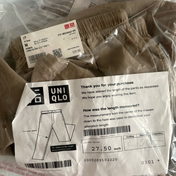 Uniqlo linen blend easy pants Beige, M, long length - Picture 4 of 4